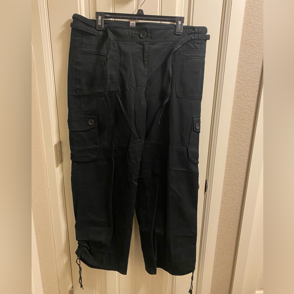 Ann Taylor LOFT Cargo Pants 10 Black Stretch Marisa Tie Cuff Slacks